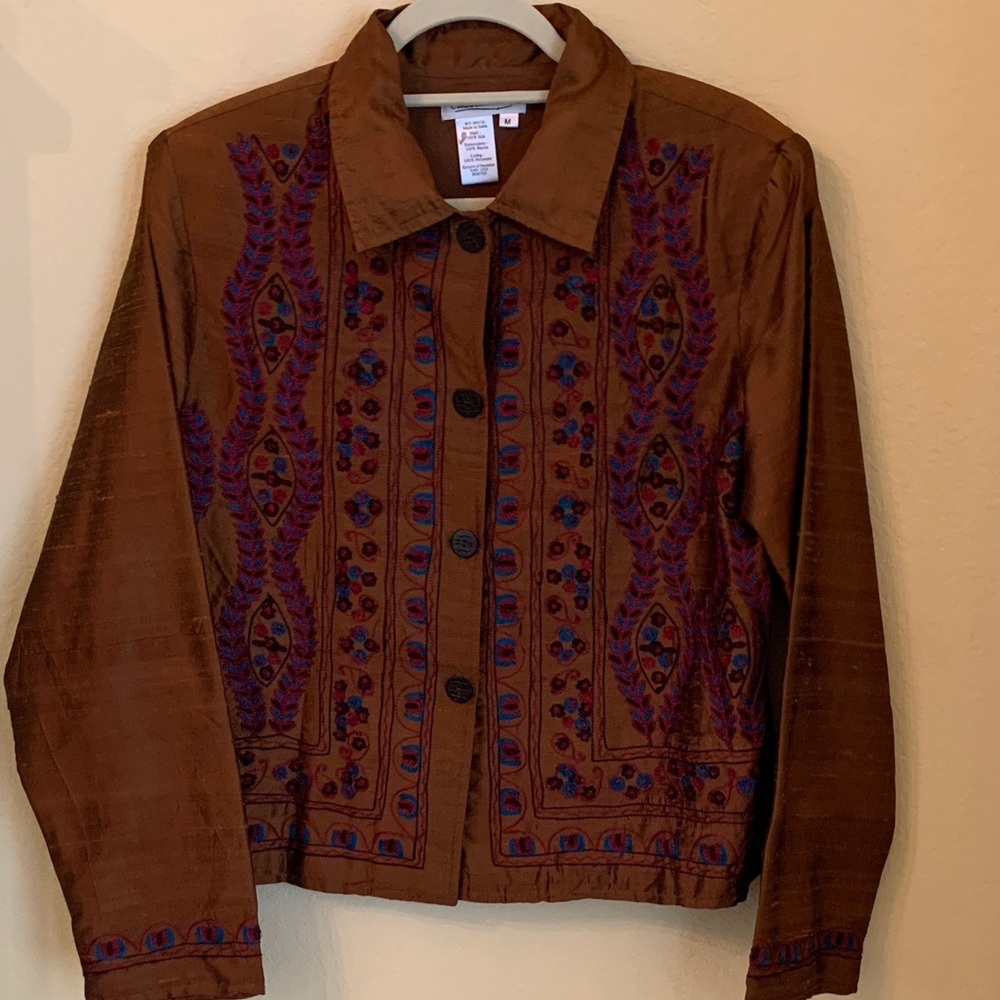 ColdWater Creek Embroidered 100% Silk Button Up Embroidered Jacket Medium - Picture 1 of 4